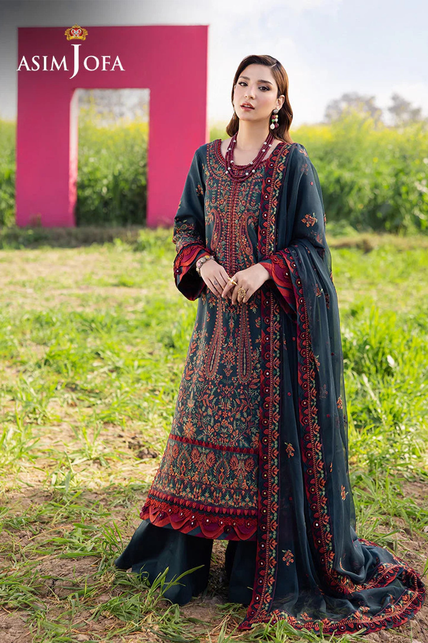 ASIM JOFA-3PC DHANAK EMBROIDERED SHIRT WITH DHANAK EMBROIDERED SHAWL AND TROUSER - 677
