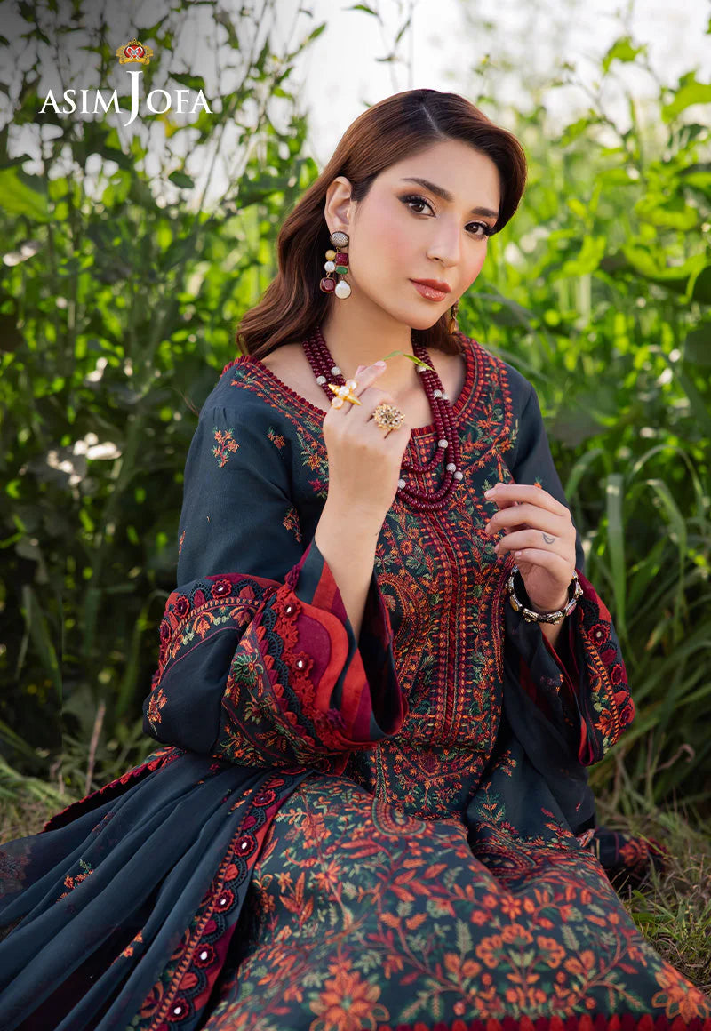 ASIM JOFA-3PC DHANAK EMBROIDERED SHIRT WITH DHANAK EMBROIDERED SHAWL AND TROUSER - 677
