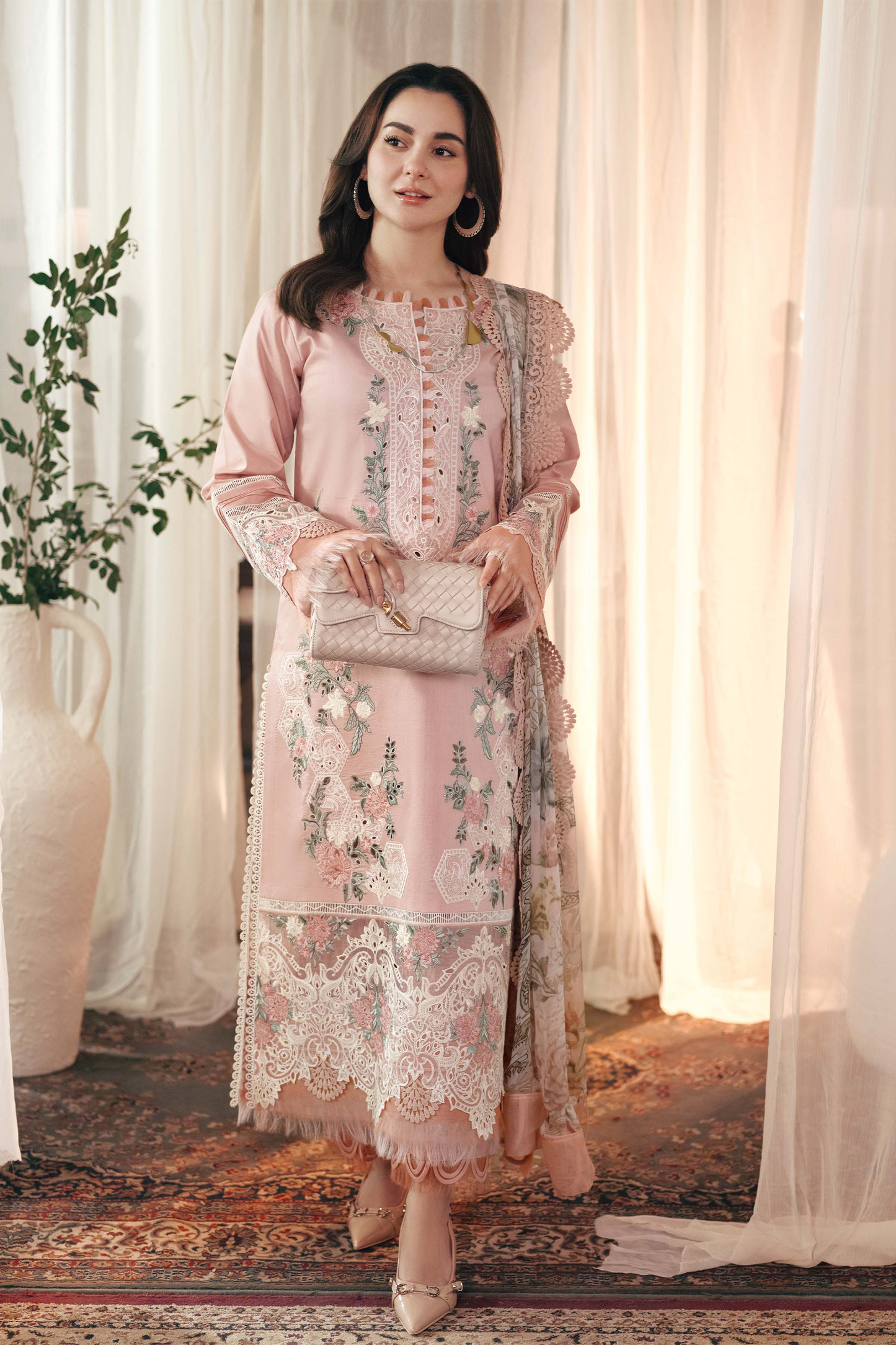 JADE-3PC DHANAK EMBROIDERED SHIRT WITH COUTRAI PRINTED SHAWL AND TROUSER- 406V