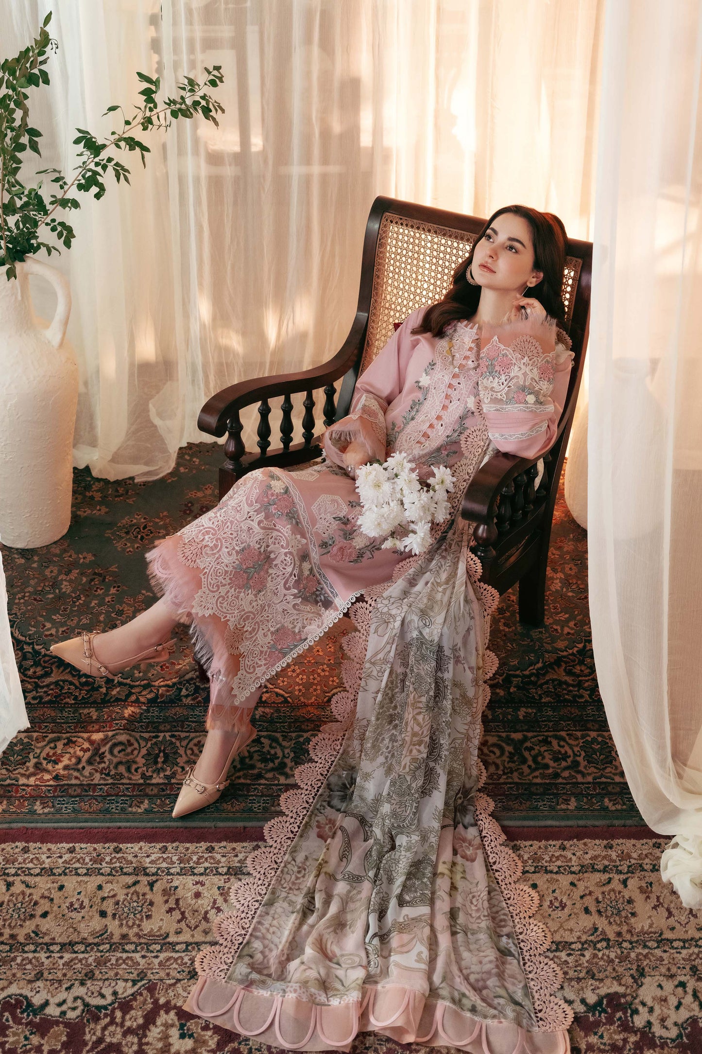 JADE-3PC DHANAK EMBROIDERED SHIRT WITH COUTRAI PRINTED SHAWL AND TROUSER- 406V