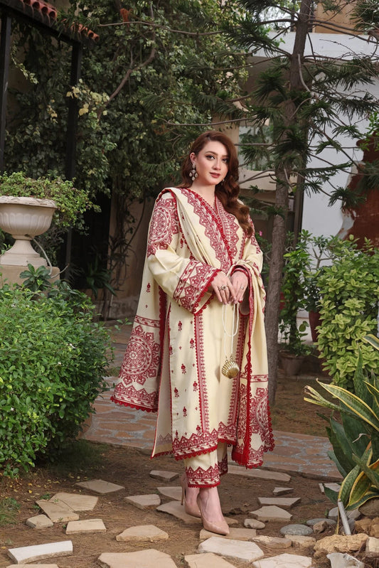ASIM JOFA-3PC DHANAK EMBROIDERED SHIRT WITH DHANAK EMBROIDERED SHAWL & TROUSER- 467