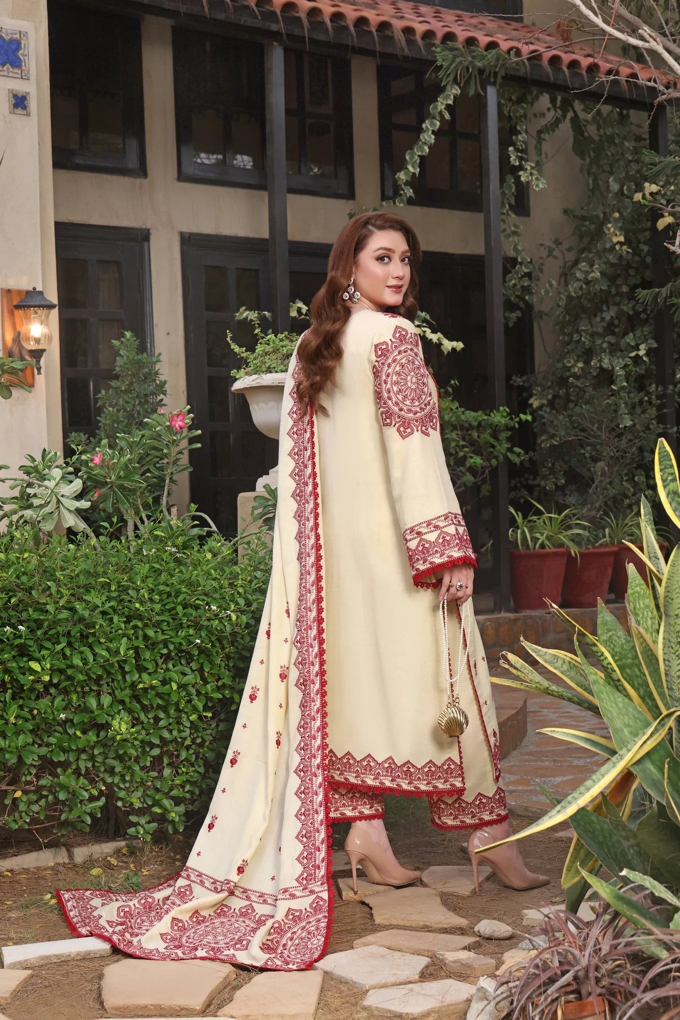 ASIM JOFA-3PC DHANAK EMBROIDERED SHIRT WITH DHANAK EMBROIDERED SHAWL & TROUSER- 467